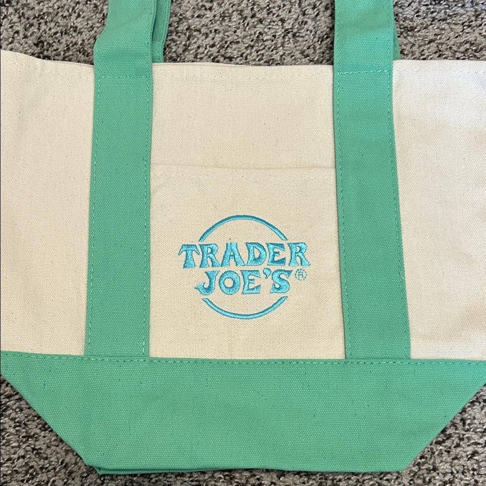 Trader Joe's Pastel Green and Cream Canvas Tote - Picture 2 of 3